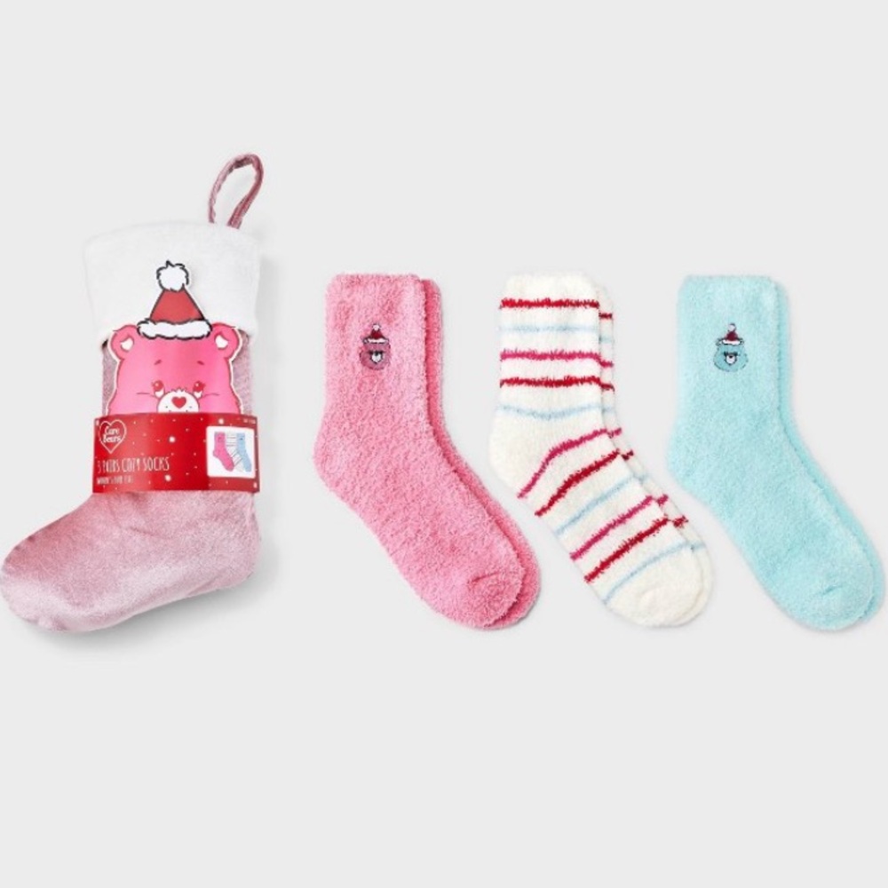 Care Bears 10” Pink Christmas Stocking Stuffed with 3 Pairs of Sherpa Socks NWT